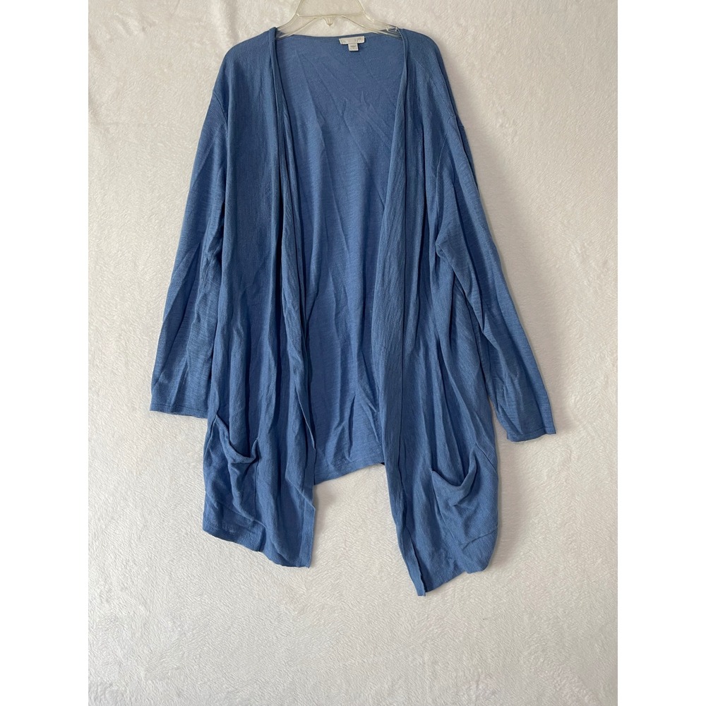 J. Jill Blue Linen Cotton Blend Open Front Cardigan with Pockets Womens Large